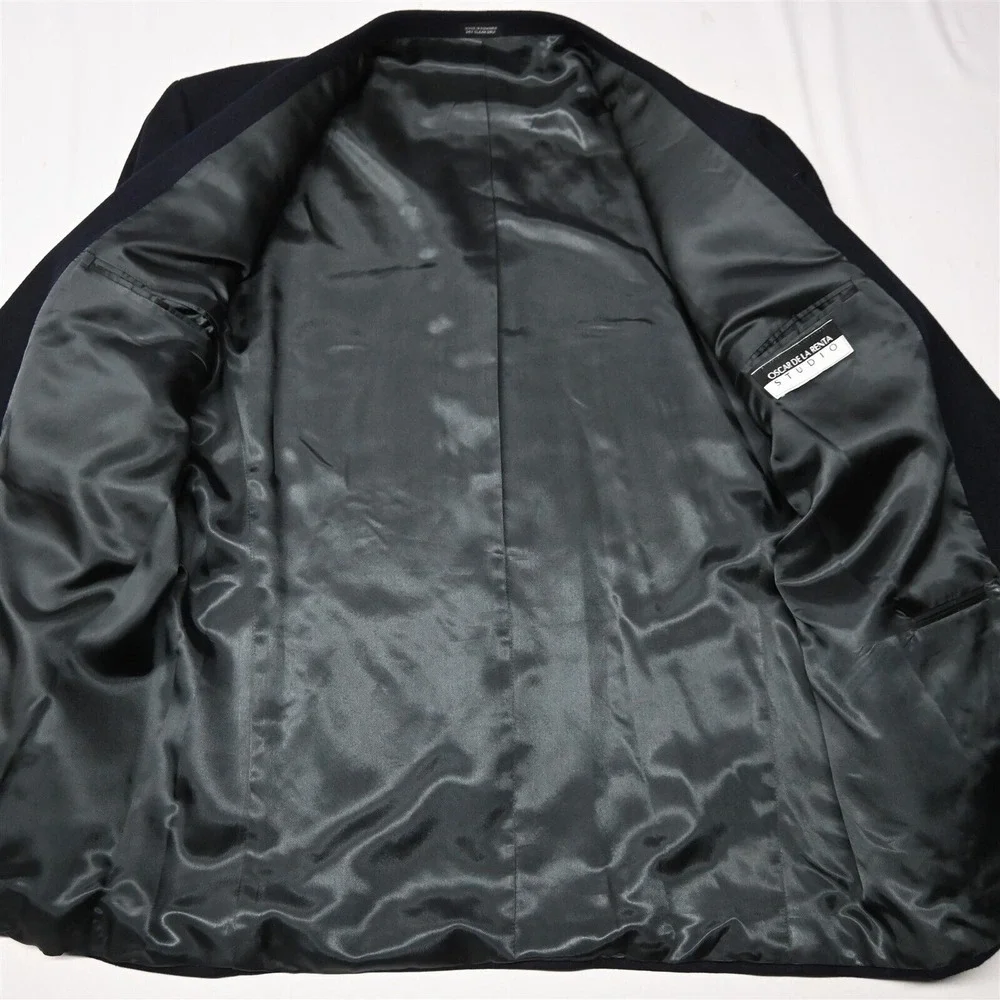 Vtg‎ Oscar de la Renta 46L Navy Blue Flannel Mens Jacket Sport Coat Blazer